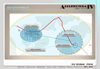 ARQUITECTURA IV

ÁREAS DEFINIDAS

UNNE. U.P.C.

ÁREA URBANA

ÁREA MICRO

ÁREA TERRENO
ÁREA MACRO

ECO TURISMO - TVRNG
ABATTE, Gabriela. BARBOZA, Juan José. SANTOS, María Victoria.

AÑO : 2013.

 