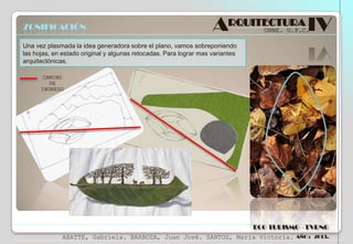 ZONIFICACIÓN

ARQUITECTURA IV
UNNE. U.P.C.

Una vez plasmada la idea generadora sobre el plano, vamos sobreponiendo
las hojas, en estado original y algunas retocadas. Para lograr mas variantes
arquitectónicas.
CAMINO
DE
INGRESO

ECO TURISMO - TVRNG
ABATTE, Gabriela. BARBOZA, Juan José. SANTOS, María Victoria.

AÑO : 2013.

 