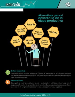 Pasantía 
Alternativas para el 
desarrollo de la 
etapa productiva 
Contrato de 
aprendizaje Proyectos 
Vínculo 
laboral 
productivos 
Unidades 
productivas 
familiares 
Apoyo a 
entidades 
Monitoría 
Contrato de aprendizaje 
Desempeño en una empresa a través del Contrato de Aprendizaje en las diferentes empresas 
obligadas y/o voluntarias, incluido el SENA. La constancia de cumplimiento a satisfacción es expedida 
por la empresa respectiva. 
Vinculación laboral 
Desempeño a través de vinculación laboral o contractual en actividades relacionadas con el 
programa de formación de conformidad con la normativa dispuesta para contratos de aprendizaje. 
La constancia de cumplimiento a satisfacción es expedida por la empresa respectiva. 
Servicio Nacional de Aprendizaje - SENA 2014 
 