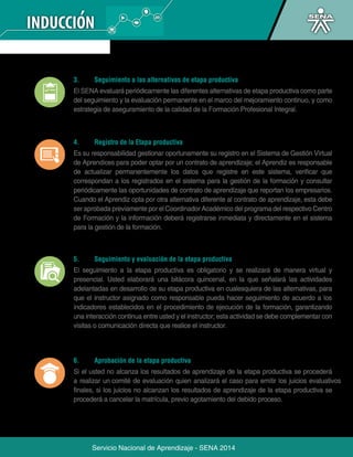 3. Seguimiento a las alternativas de etapa productiva 
El SENA evaluará periódicamente las diferentes alternativas de etapa productiva como parte 
del seguimiento y la evaluación permanente en el marco del mejoramiento continuo, y como 
estrategia de aseguramiento de la calidad de la Formación Profesional Integral. 
4. Registro de la Etapa productiva 
Es su responsabilidad gestionar oportunamente su registro en el Sistema de Gestión Virtual 
de Aprendices para poder optar por un contrato de aprendizaje; el Aprendiz es responsable 
de actualizar permanentemente los datos que registre en este sistema, verificar que 
correspondan a los registrados en el sistema para la gestión de la formación y consultar 
periódicamente las oportunidades de contrato de aprendizaje que reportan los empresarios. 
Cuando el Aprendiz opta por otra alternativa diferente al contrato de aprendizaje, esta debe 
ser aprobada previamente por el Coordinador Académico del programa del respectivo Centro 
de Formación y la información deberá registrarse inmediata y directamente en el sistema 
para la gestión de la formación. 
5. Seguimiento y evaluación de la etapa productiva 
El seguimiento a la etapa productiva es obligatorio y se realizará de manera virtual y 
presencial. Usted elaborará una bitácora quincenal, en la que señalará las actividades 
adelantadas en desarrollo de su etapa productiva en cualesquiera de las alternativas, para 
que el instructor asignado como responsable pueda hacer seguimiento de acuerdo a los 
indicadores establecidos en el procedimiento de ejecución de la formación, garantizando 
una interacción continua entre usted y el instructor; esta actividad se debe complementar con 
visitas o comunicación directa que realice el instructor. 
6. Aprobación de la etapa productiva 
Si el usted no alcanza los resultados de aprendizaje de la etapa productiva se procederá 
a realizar un comité de evaluación quien analizará el caso para emitir los juicios evaluativos 
finales, si los juicios no alcanzan los resultados de aprendizaje de la etapa productiva se 
procederá a cancelar la matrícula, previo agotamiento del debido proceso. 
Servicio Nacional de Aprendizaje - SENA 2014 
