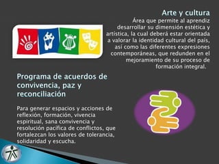 Área que permite al aprendiz 
desarrollar su dimensión estética y 
artística, la cual deberá estar orientada 
a valorar la identidad cultural del país, 
así como las diferentes expresiones 
contemporáneas, que redunden en el 
mejoramiento de su proceso de 
formación integral. 
Para generar espacios y acciones de 
reflexión, formación, vivencia 
espiritual, sana convivencia y 
resolución pacífica de conflictos, que 
fortalezcan los valores de tolerancia, 
solidaridad y escucha. 
 