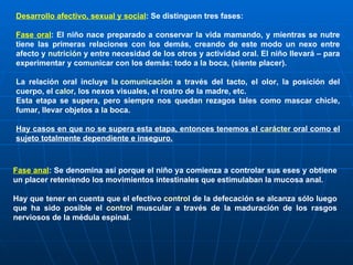Desarrollo afectivo, sexual y social : Se distinguen tres fases: Fase oral : El niño nace preparado a conservar la vida mamando, y mientras se nutre tiene las primeras relaciones con los demás, creando de este modo un nexo entre afecto y  nutrición  y entre necesidad de los otros y actividad oral. El niño llevará – para experimentar y comunicar con los demás: todo a la boca, (siente placer). La relación oral incluye  la comunicación  a través del tacto, el olor, la posición del cuerpo, el  calor , los nexos visuales, el rostro de la madre, etc. Esta etapa se supera, pero siempre nos quedan rezagos tales como mascar chicle, fumar, llevar objetos a la boca. Hay casos en que no se supera esta etapa, entonces tenemos el  carácter  oral como el sujeto totalmente dependiente e inseguro. Fase anal : Se denomina así porque el niño ya comienza a controlar sus eses y obtiene un placer reteniendo los movimientos intestinales que estimulaban la mucosa anal. Hay que tener en cuenta que el efectivo  control  de la defecación se alcanza sólo luego que ha sido posible el  control  muscular a través de la maduración de los rasgos nerviosos de la médula espinal.  