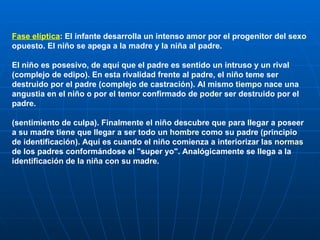 Fase elíptica : El infante desarrolla un intenso  amor  por el progenitor del  sexo  opuesto. El niño se apega a la madre y la niña al padre. El niño es posesivo, de aquí que el padre es sentido un intruso y un rival (complejo de edipo). En esta rivalidad frente al padre, el niño teme ser destruido por el padre (complejo de castración). Al mismo  tiempo  nace una angustia en el niño o por el temor confirmado de  poder  ser destruido por el padre. (sentimiento de culpa). Finalmente el niño descubre que para llegar a poseer a su madre tiene que llegar a ser todo un  hombre  como su padre (principio de identificación). Aquí es cuando el niño comienza a interiorizar las  normas  de los padres conformándose el "super yo". Analógicamente se llega a la identificación de la niña con su madre. 