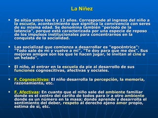 La Niñez Se sitúa entre los 6 y 12 años. Corresponde al ingreso del niño a la  escuela , acontecimiento que significa la convivencia con seres de su misma edad. Se denomina también "periodo de la latencia", porque está caracterizada por una especie de reposo de los impulsos institucionales para concentrarnos en la conquista de la socialidad. Las socializad que comienza a desarrollar es "egocéntrica": "Todo sale de mí y vuelve a mí", "Te doy para que me des". Sus mejores amigos son los que le hacen jugar, le invitan al  cine  o un helado". El niño, al entrar en la  escuela  da pie al desarrollo de sus  funciones  cognoscitivas, afectivas y sociales. F. Cognoscitivas : El niño desarrolla la  percepción ,  la memoria , razonamiento, etc. F. Afectivas : En cuanto que el niño sale del  ambiente  familiar donde es el centro del cariño de todos para ir a otro  ambiente  donde es un número en la masa; donde aprende y desarrolla el sentimiento del deber,  respeto  al derecho ajeno  amor  propio, estima de sí, etc. 