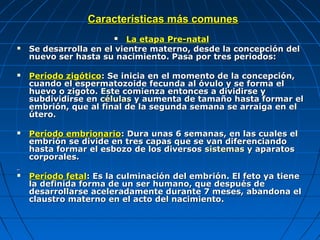 Características más comunes
                          La etapa Pre-natal
   Se desarrolla en el vientre materno, desde la concepción del
    nuevo ser hasta su nacimiento. Pasa por tres periodos:

   Período zigótico: Se inicia en el momento de la concepción,
    cuando el espermatozoide fecunda al óvulo y se forma el
    huevo o zigoto. Este comienza entonces a dividirse y
    subdividirse en células y aumenta de tamaño hasta formar el
    embrión, que al final de la segunda semana se arraiga en el
    útero.

   Período embrionario: Dura unas 6 semanas, en las cuales el
    embrión se divide en tres capas que se van diferenciando
    hasta formar el esbozo de los diversos sistemas y aparatos
    corporales.

   Período fetal: Es la culminación del embrión. El feto ya tiene
    la definida forma de un ser humano, que después de
    desarrollarse aceleradamente durante 7 meses, abandona el
    claustro materno en el acto del nacimiento.
 