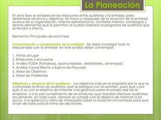 La Planeación
En esta fase se establecen las relaciones entre auditores y la entidad, para
determinar alcance y objetivos. Se hace un bosquejo de la situación de la entidad,
acerca de su organización, sistema administrativo, controles internos, estrategias y
demás elementos que le permitan al auditor elaborar el programa de auditoria que
se llevará a efecto.
Elementos Principales de esta Fase:
Conocimiento y comprensión de la entidad.- Se debe investigar todo lo
relacionado con la entidad en este análisis debe contemplar:
1. Visitas al lugar
2. Entrevistas y encuestas
3. Análisis FODA (Fortalezas, oportunidades, debilidades, amenazas)
4. Análisis Causa-Efecto o Espina de Pescado
5. Árbol de Objetivos
6. Árbol de Problemas
Objetivos y alcance de la auditoria.- Los objetivos indican el propósito por lo que es
contratada la firma de auditoría, qué se persigue con el examen, para qué y por
qué. Si es con el objetivo de informar a la gerencia sobre el estado real de la
empresa, o si es por cumplimento de los estatutos que mandan efectuar auditorias
anualmente, en todo caso, siempre se cumple con el objetivo de informar a los
socios, a la gerencia y resto de interesados sobre la situación encontrada para que
sirvan de base para la toma de decisiones.
 