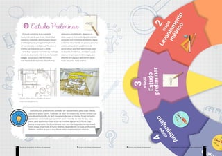 Etapas de um projeto de design de interiores8 Técnico em Design de Interiores Etapas de um projeto de design de interioresTécnico em Design de Interiores 9
Duas imagens, expostas lado a lado. A da esquerda é o croqui de uma varanda, em vista área. A
varanda é um ambiente quadrangular, com o canto superior direito arredondado. Cotas laterais
expostas nas laterais e na parte superior e inferior informam que a varanda tem dois metros
e noventa e nove centímetros de largura por três metros de profundidade. No canto superior
esquerdo está distribuída uma bancada em península, formando um “U”. Em frente à bancada
podemos observar três bancos, voltados para a bancada. No canto inferior direito podemos
observar duas poltronas e um banquinho, dispostas em torno de uma mesinha de centro. A
imagem da direita é um croqui do que parece ser um bar, em perspectiva cônica, pintado com
caneta hidrocor e naquim. Podemos observar que o forro do ambiente tem vigas nervuradas
e algumas colunas estão dispostas na parede mais da esquerda. A parede da direita é lisa. O
ambiente é estreito e largo. Há três mesas redondas, com umbrelones quadrados e amarelos
dispostos no ambiente. Quatro cadeiras disponíveis para cada mesa. Ao fundo do ambiente,
podemos observar um conjunto de muretas, bem baixas, que parecem bancos curvos
contínuos. Eles estão pintados de amarelo. O piso é bege e está distribuído em diagonal.
Estudo Preliminar3
O estudo preliminar é um momento
muito mais seu do que do seu cliente. Aqui,
estaremos realizando desenhos para estudar
a melhor proposta para apresentar, levando
em consideração a medição que fizemos e o
briefing que realizamos com o cliente.
Uma dica é que este momento seja realizado
através de desenhos à mão livre, os chamados
croquis. Isso porque à mão livre temos
mais liberdade de expressão. Desenhamos,
rabiscamos possibilidades, deixamos as
ideias surgirem livremente. Quando estamos
utilizando uma ferramenta de desenho digital,
acabamos mecanizando um pouco o processo
criativo, pensando em qual ferramenta
vamos utilizar para fazer determinada parte
do desenho. A mão livre, com lápis e papel,
estamos em processo de livre criação, pois
desenhar já é algo que aprendemos desde
muito pequenos. Basta praticar.
Levantamento
métrico
etapa
Figura 3: Croqui de uma varanda e de um bar.
Fonte: www.google.com.br
Terceira
Estudo
preliminar
etapa
Anteprojeto
etapa4
3
2 ojeto
Estes estudos preliminares poderão ser apresentados para o seu cliente,
caso você assim queira. Contudo, se você for mostra-los, tenha certeza que
seus desenhos estão de fácil compreensão para o cliente. Ficará estranho
apresentar um estudo que somente você entende. Se este for seu caso,
passe para a próxima etapa antes de mostrar algo para o cliente. Siga
para o anteprojeto. Você combinará com seu cliente quanto tempo levará
nesta etapa. O período é muito relativo, dependendo de cada profissional.
Todavia, lembre-se que o seu cliente estará esperando um retorno.
Etapas de um projeto de design de interiores 9
 
