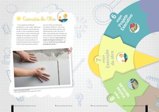 Etapas de um projeto de design de interiores16 Técnico em Design de Interiores Etapas de um projeto de design de interioresTécnico em Design de Interiores 17
Execução da Obra7
Projeto
Executivo
etapa
sétima
Execução
daobra
etapa
Visitas
técnicasetapa8
Imagem de um piso branco sendo assentado com argamassa colante. Duas
mãos pressionam o piso contra a argamassa.
7
6 iefing
É uma opção do profissional
acompanhar, ou não, a obra. Aquele que
decide acompanhar, cobrará para este
serviço e, como consequência, deverá
estar presente na obra, administrando
entregas de mercadorias, realizando
a gestão dos prestadores de serviço
e resolvendo maiores problemas. O
acompanhando de obra normalmente
é diário. Mas você poderá combinar
com seu cliente essa frequência.
No entanto, lembre-se: ir até a obra
significa deslocamento, gasolina, táxi,
estacionamento. Enfim, são custos. E
estes custos deverão estar previstos nos
seus honorários. Para maiores detalhes,
acesse os materiais “Como cobrar um
projeto de Design de Interiores? ”, e o
material “Como criar um contrato de
prestação de serviço. ”.
Figura 6: Piso sendo assentado.
Fonte: midias.folhavitoria.com.br. Acesso: 28/11/2015.
Etapas de um projeto de design de interiores 17
 