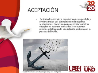 ACEPTACIÓN
• Se trata de aprender a convivir con esta pérdida y
crecer a través del conocimiento de nuestros
sentimientos. Comenzamos a depositar nuestras
energías en nuestras amistades y en nosotros
mismos estableciendo una relación distinta con la
persona fallecida.
© 2020 PsicoActiva.com: Psicología, test y ocio Inteligente
 