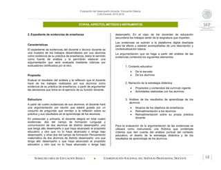 Evaluación del desempeño docente. Educación Básica.
Ciclo Escolar 2015-2016
ETAPAS, ASPECTOS, MÉTODOS E INSTRUMENTOS.
SUBSECRETARÍA DE EDUCACIÓN BÁSICA  COORDINACIÓN NACIONAL DEL SERVICIO PROFESIONAL DOCENTE 12
2. Expediente de evidencias de enseñanza
Características
El expediente de evidencias del docente o técnico docente es
una muestra de los trabajos desarrollados por sus alumnos
como evidencia de su práctica de enseñanza, éstos le servirán
como fuente de análisis y le permitirán elaborar una
argumentación que será evaluada mediante rúbricas por
evaluadores certificados por el INEE.
Propósito
Evaluar el resultado del análisis y la reflexión que el docente
hace de los trabajos realizados por sus alumnos como
evidencia de su práctica de enseñanza, a partir de argumentar
las decisiones que toma en el ejercicio de su función docente.
Estructura
A partir de cuatro evidencias de sus alumnos, el docente hará
una argumentación por escrito que estará guiada por un
conjunto de preguntas que remitan a la reflexión sobre su
práctica y sus resultados en el aprendizaje de los alumnos.
En preescolar y primaria, el docente elegirá en total cuatro
evidencias: dos del campo de formación Lenguaje y
comunicación de dos alumnos de distinto desempeño: uno
que tenga alto desempeño o que haya alcanzado el propósito
educativo y otro que no lo haya alcanzado o tenga bajo
desempeño; y otras dos del campo de formación Pensamiento
matemático de dos alumnos de distinto desempeño: uno que
tenga alto desempeño o que haya alcanzado el propósito
educativo y otro que no lo haya alcanzado o tenga bajo
desempeño. En el caso de los docentes de educación
secundaria los trabajos serán de la asignatura que imparten.
Las evidencias se subirán a la plataforma digital diseñada
para tal efecto y estarán acompañadas de una descripción y
contextualización básica.
La argumentación que se haga a partir del análisis de las
evidencias contendrá los siguientes elementos:
1. Contexto educativo
 De la escuela
 De los alumnos
2. Narración de la estrategia didáctica
 Propósitos y contenidos del currículo vigente
 Actividades realizadas con los alumnos
3. Análisis de los resultados de aprendizaje de los
alumnos
 Alcance de los objetivos de enseñanza
 Retroalimentación a los alumnos
 Retroalimentación sobre su propia práctica
docente
Para la evaluación de la argumentación de las evidencias se
utilizará como instrumento una Rúbrica que contemple
criterios que den cuenta del análisis puntual del contexto
educativo, el diseño de la estrategia didáctica y de los
resultados de aprendizaje de los alumnos.
 