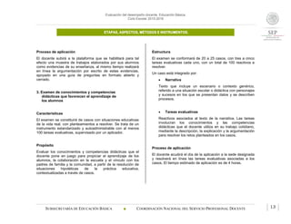 Evaluación del desempeño docente. Educación Básica.
Ciclo Escolar 2015-2016
ETAPAS, ASPECTOS, MÉTODOS E INSTRUMENTOS.
SUBSECRETARÍA DE EDUCACIÓN BÁSICA  COORDINACIÓN NACIONAL DEL SERVICIO PROFESIONAL DOCENTE 13
Proceso de aplicación
El docente subirá a la plataforma que se habilitará para tal
efecto una muestra de trabajos elaborados por sus alumnos
como evidencias de su enseñanza, al mismo tiempo realizará
en línea la argumentación por escrito de estas evidencias,
apoyado en una guía de preguntas en formato abierto y
cerrado.
3. Examen de conocimientos y competencias
didácticas que favorecen el aprendizaje de
los alumnos
Características
El examen se constituirá de casos con situaciones educativas
de la vida real, con planteamientos a resolver. Se trata de un
instrumento estandarizado y autoadministrable con al menos
100 tareas evaluativas, supervisado por un aplicador.
Propósito
Evaluar los conocimientos y competencias didácticas que el
docente pone en juego para propiciar el aprendizaje de los
alumnos, la colaboración en la escuela y el vínculo con los
padres de familia y la comunidad, a partir de la resolución de
situaciones hipotéticas de la práctica educativa,
contextualizadas a través de casos.
Estructura
El examen se conformará de 20 a 25 casos, con tres a cinco
tareas evaluativas cada uno, con un total de 100 reactivos a
resolver.
Un caso está integrado por:
 Narrativa
Texto que incluye un escenario o contexto genérico,
referido a una situación escolar o didáctica con personajes
y sucesos en los que se presentan datos y se describen
procesos.
 Tareas evaluativas
Reactivos asociados al texto de la narrativa. Las tareas
involucran los conocimientos y las competencias
didácticas que el docente utiliza en su trabajo cotidiano,
mediante la descripción, la explicación y la argumentación
para resolver los retos planteados en los casos.
Proceso de aplicación
El docente acudirá el día de la aplicación a la sede designada
y resolverá en línea las tareas evaluativas asociadas a los
casos. El tiempo estimado de aplicación es de 4 horas.
 