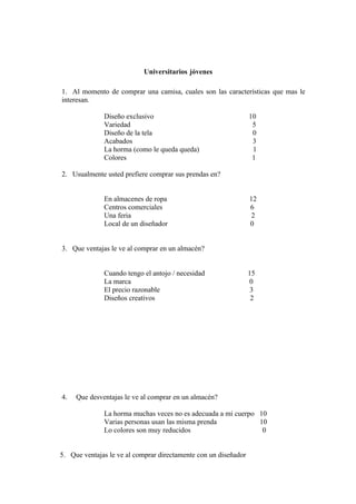 Universitarios jóvenes

1. Al momento de comprar una camisa, cuales son las características que mas le
interesan.

              Diseño exclusivo                                   10
              Variedad                                            5
              Diseño de la tela                                   0
              Acabados                                            3
              La horma (como le queda queda)                      1
              Colores                                             1

2. Usualmente usted prefiere comprar sus prendas en?


              En almacenes de ropa                               12
              Centros comerciales                                6
              Una feria                                           2
              Local de un diseñador                              0


3. Que ventajas le ve al comprar en un almacén?


              Cuando tengo el antojo / necesidad                 15
              La marca                                           0
              El precio razonable                                 3
              Diseños creativos                                   2




4.   Que desventajas le ve al comprar en un almacén?

              La horma muchas veces no es adecuada a mi cuerpo 10
              Varias personas usan las misma prenda            10
              Lo colores son muy reducidos                      0


5. Que ventajas le ve al comprar directamente con un diseñador
 