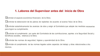 1. Labores del Supervisor antes del Inicio de Obra
□
Controlar el aspecto económico financiero de la Obra.
□
Controlar la elaboración de los planos de replanteo de acuerdo al avance físico de la Obra.
□
Controlar estadísticamente los avances de obra y exigir al Contratista que adopte las medidas
para lograr su cumplimiento.
necesarias
□
Controlar el cumplimiento por parte del Contratista de las contribuciones, aportes a la Seguridad Social y
beneficios sociales, relativos a la Obra.
□
Controlar las normas de seguridad, higiene y operatividad de la Obra.
□
Controlar el cumplimiento de las normas legales sobre aspectos de trabajo y otras relacionadas a los
mismos.
 