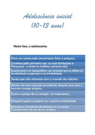 Adolescência inicial
(10-13 anos)
Nesta fase, o adolescente:
Vive um acentuado crescimento físico e psíquico.
Sente que não sintoniza com o mundo dos adultos.
Conhece pela primeira vez as suas limitações e
fraquezas e sente-se indefeso perante elas.
Experimenta um desequilíbrio nas emoções que se reflete na
sensibilidade exagerada e na irritabilidade..
Ainda não tem grande consciência daquilo que está a
ocorrer consigo próprio.
Corre o perigo de se refugiar no isolamento.
Desperta para o próprio eu e para a intimidade.
Descobre a consciência de pertença a um grupo
(companheiros de estudo ou amigos).
 