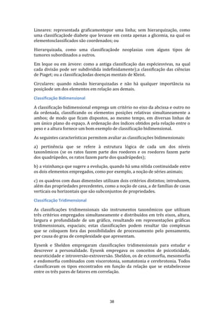 Lineares: representada graficamentepor uma linha; sem hierarquização, como
uma classificaçãode diabete que levasse em conta apenas a glicemia, na qual os
elementosclassificados são coordenados; ou
Hierarquizada, como uma classificaçãode neoplasias com alguns tipos de
tumores subordinados a outros.
Em leque ou em árvore: como a antiga classificação das espéciesvivas, na qual
cada divisão pode ser subdividida indefinidamente);a classificação das ciências
de Piaget; ou a classificaçãodas doenças mentais de Kleist.
Circulares: quando nãosão hierarquizadas e não há qualquer importância na
posiçãode um dos elementos em relação aos demais.
Classificação Bidimensional
A classificação bidimensional emprega um critério no eixo da abcissa e outro no
da ordenada, classificando os elementos posições relativas simultaneamente a
ambos; de modo que ficam dispostos, ao mesmo tempo, em diversas linhas de
um único plano do espaço. A ordenação dos índices obtidos pela relação entre o
peso e a altura fornece um bom exemplo de classificação bidimensional.
As seguintes características permitem avaliar as classificações bidimensionais:
a) pertinência que se refere à estrutura lógica de cada um dos níveis
taxonômicos (se os ratos fazem parte dos roedores e os roedores fazem parte
dos quadrúpedes, os ratos fazem parte dos quadrúpedes);
b) a vizinhança que sugere a evolução, quando há uma nítida continuidade entre
os dois elementos empregados, como por exemplo, a noção de séries animais;
c) os quadros com duas dimensões utilizam dois critérios distintos; introduzem,
além das propriedades precedentes, como a noção de casa, a de famílias de casas
verticais ou horizontais que são subconjuntos de propriedades.
Classificação Tridimensional
As classificações tridimensionais são instrumentos taxonômicos que utilizam
três critérios empregados simultaneamente e distribuídos em três eixos, altura,
largura e profundidade de um gráfico, resultando em representações gráficas
tridimensionais, espaciais; estas classificações podem resultar tão complexas
que se coloquem fora das possibilidades de processamento pelo pensamento,
por causa do grau de complexidade que apresentam.
Eysenk e Sheldon empregaram classificações tridimensionais para estudar e
descrever a personalidade. Eysenk empregava os conceitos de psicoticidade,
neuroticidade e introversão-extroversão. Sheldon, os de ectomorfia, mesomorfia
e endomorfia combinados com viscerotonia, somatotonia e cerebrotonia. Todos
classificavam os tipos encontrados em função da relação que se estabelecesse
entre os três pares de fatores em correlação.

38

 