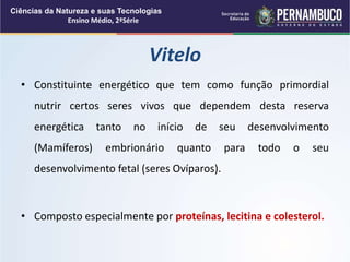 • Constituinte energético que tem como função primordial
nutrir certos seres vivos que dependem desta reserva
energética tanto no início de seu desenvolvimento
(Mamíferos) embrionário quanto para todo o seu
desenvolvimento fetal (seres Ovíparos).
• Composto especialmente por proteínas, lecitina e colesterol.
Vitelo
Ciências da Natureza e suas Tecnologias
Ensino Médio, 2ªSérie
 