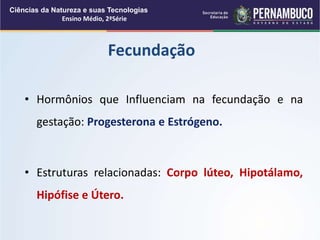 • Hormônios que Influenciam na fecundação e na
gestação: Progesterona e Estrógeno.
• Estruturas relacionadas: Corpo lúteo, Hipotálamo,
Hipófise e Útero.
Fecundação
Ciências da Natureza e suas Tecnologias
Ensino Médio, 2ªSérie
 