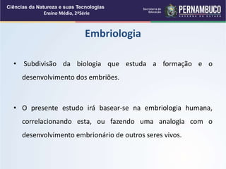 • Subdivisão da biologia que estuda a formação e o
desenvolvimento dos embriões.
• O presente estudo irá basear-se na embriologia humana,
correlacionando esta, ou fazendo uma analogia com o
desenvolvimento embrionário de outros seres vivos.
Embriologia
Ciências da Natureza e suas Tecnologias
Ensino Médio, 2ªSérie
 
