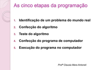 As cinco etapas da programação

1.   Identificação de um problema do mundo real

2.   Confecção do algoritmo

3.   Teste do algoritmo

4.   Confecção do programa de computador

5.   Execução do programa no computador




                              Profª Clausia Mara Antoneli
 