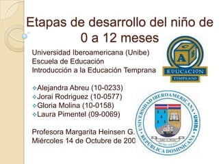 Etapas de desarrollo del niño de      0 a 12 meses Universidad Iberoamericana (Unibe) Escuela de Educación Introducción a la EducaciónTemprana ,[object Object]