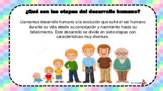 Qué son las etapas del desarrollo humano?
Llamamos desarrollo humano a la evolución que sufre el ser humano
durante su vida desde su concepción y nacimiento hasta su
fallecimiento. Este desarrollo se divide en siete etapas con
características muy diversas.
¿Qué son las etapas del desarrollo humano?
 