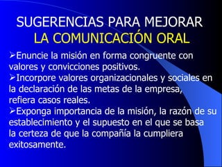 SUGERENCIAS PARA MEJORAR  LA COMUNICACIÓN ORAL Enuncie la misión en forma congruente con  valores y convicciones positivos . Incorpore valores organizacionales y sociales en  la declaración de las metas de la empresa,  refiera casos reales . Exponga importancia de la misión, la razón de su  establecimiento y el supuesto en el que se basa  la certeza de que la compañía la cumpliera  exitosamente. 