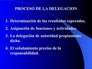 PROCESO DE LA DELEGACION Determinación de los resultados esperados. Asignación de funciones y actividades. La delegación de autoridad propiamente dicha. El señalamiento preciso de la responsabilidad. 
