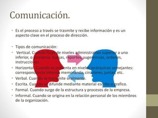 Comunicación.
• Es el proceso a través se trasmite y recibe información y es un
aspecto clave en el proceso de dirección.
• Tipos de comunicación:
• Vertical. Cuando fluye de niveles administrativo superior a uno
inferior, o viceversa: quejas, reportes, sugerencias, ordenes,
instrucciones.
• Horizontal. Cuando se presenta en niveles jerárquicos semejantes:
correspondencia interna, memoranda, circulares, juntas, etc.
• Verbal. Cuando se transmite oralmente.
• Escrita. Cuando se difunde mediante material escrito o grafico.
• Formal. Cuando surge de la estructura y procesos de la empresa.
• Informal. Cuando se origina en la relación personal de los miembros
de la organización.
 