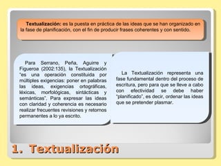 Textualización Textualización:  es la puesta en práctica de las ideas que se han organizado en la fase de planificación, con el fin de producir frases coherentes y con sentido. Para Serrano, Peña, Aguirre y Figueroa (2002:135), la Textualización “es una operación constituida por múltiples exigencias: poner en palabras las ideas, exigencias ortográficas, léxicas, morfológicas, sintácticas y semánticas”. Para expresar las ideas con claridad y coherencia es necesario realizar frecuentes revisiones y retornos permanentes a lo ya escrito. La Textualización representa una fase fundamental dentro del proceso de escritura, pero para que se lleve a cabo con efectividad se debe haber “planificado”, es decir, ordenar las ideas que se pretender plasmar. 