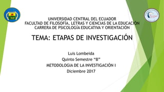 Luis Lombeida
Quinto Semestre “B”
METODOLOGIA DE LA INVESTIGACIÓN I
Diciembre 2017
UNIVERSIDAD CENTRAL DEL ECUADOR
FACULTAD DE FILOSOFÍA, LETRAS Y CIENCIAS DE LA EDUCACIÓN
CARRERA DE PSICOLOGÍA EDUCATIVA Y ORIENTACIÓN
TEMA: ETAPAS DE INVESTIGACIÓN
 