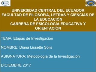 TEMA: Etapas de Investigación
NOMBRE: Diana Lissette Solis
ASIGNATURA: Metodología de la Investigación
DICIEMBRE 2017
UNIVERSIDAD CENTRAL DEL ECUADOR
FACULTAD DE FILOSOFíA, LETRAS Y CIENCIAS DE
LA EDUCACIÓN
CARRERA DE PSICOLOGíA EDUCATIVA Y
ORIENTACIÓN
 