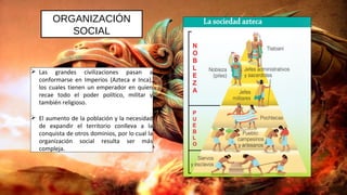 ORGANIZACIÓN
SOCIAL
 Las grandes civilizaciones pasan a
conformarse en Imperios (Azteca e Inca),
los cuales tienen un emperador en quien
recae todo el poder político, militar y
también religioso.
 El aumento de la población y la necesidad
de expandir el territorio conlleva a la
conquista de otros dominios, por lo cual la
organización social resulta ser más
compleja.
 