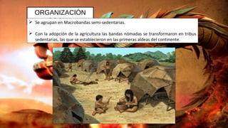 ORGANIZACIÓN
SOCIAL Se agrupan en Macrobandas semi-sedentarias.
 Con la adopción de la agricultura las bandas nómadas se transformaron en tribus
sedentarias, las que se establecieron en las primeras aldeas del continente.
 