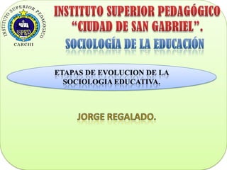 INSTITUTO SUPERIOR PEDAGÓGICO “CIUDAD DE SAN GABRIEL”. Sociología de la educación ETAPAS DE EVOLUCION DE LA SOCIOLOGIA EDUCATIVA. JORGE REGALADO. 