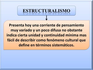 estructuralismoPresenta hoy una corriente de pensamiento muy variado y un poco difusa no obstante indica cierta unidad y continuidad mínima mas fácil de describir como fenómeno cultural que define en términos sistemáticos.