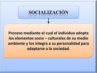 socializaciónProceso mediante el cual el individuo adopta los elementos socio – culturales de su medio ambiente y los integra a su personalidad para adaptarse a la sociedad.