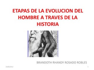 ETAPAS DE LA EVOLUCION DEL
          HOMBRE A TRAVES DE LA
                 HISTORIA




                BRANDOTH RHANDY ROSADO ROBLES
10/06/2012                                      1
 