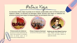 Patria Vieja
Se denomina Patria Vieja al período de la historia comprendida entre la Primera Junta de
Gobierno (1810) y el Desastre de Rancagua (1814). Durante esta etapa se realizaron las
primeras acciones para lograr la independencia. Sus principales hitos son:
Se formó el 18 de Septiembre de
1810. Este período se considera
como el primer paso en el
camino de la independencia.
Se formó el 4 de Julio en 1811. José Miguel Carrera asumió el
poder en el año 1812, dando un
golpe de estado.
Primera Junta de Gobierno Primer Congreso Nacional Gobierno de José Miguel Carrera
 