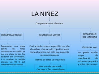 LA NIÑEZ
DESARROLLO FISICO. DESARROLLO MOTOR DESARROLLO
DEL LENGUAJE
Representan una etapa
donde los niños
representan un cambio ya
que esa etapa se dan los
estirones del crecimiento.
Y el cerebro ha podido
alcanzar un 90 % del
sistema nervioso central.
un grado mucho
mayor de
coordinación de
músculos pequeños
y entre ojo y mano.
Dentro de estas se encuentra
-Normas del desarrollo
-Secuencia Del movimiento
Comienza conEs el acto de conocer o percibir, por ello
al analizar el desarrollo cognitivo tanto
como el proceso del niño que aumenta
sus conocimientos
Comprende unos términos
 