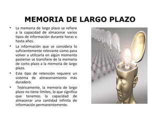 MEMORIA DE LARGO PLAZO
•   La memoria de largo plazo se refiere
    a la capacidad de almacenar varios
    tipos de información durante horas o
    hasta años.
•   La información que se considera lo
    suficientemente relevante como para
    volver a utilizarla en algún momento
    posterior se transfiere de la memoria
    de corto plazo a la memoria de largo
    plazo.
•   Este tipo de retención requiere un
    sistema de almacenamiento más
    duradero.
•    Teóricamente, la memoria de largo
    plazo no tiene límites, lo que significa
    que tenemos la capacidad de
    almacenar una cantidad infinita de
    información permanentemente.
 