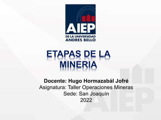 Docente: Hugo Hormazabál Jofré
Asignatura: Taller Operaciones Mineras
Sede: San Joaquín
2022
.
ETAPAS DE LA
MINERIA
 