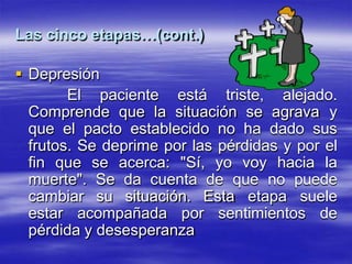 Las cinco etapas…(cont.)
 Depresión
El paciente está triste, alejado.
Comprende que la situación se agrava y
que el pacto establecido no ha dado sus
frutos. Se deprime por las pérdidas y por el
fin que se acerca: "Sí, yo voy hacia la
muerte". Se da cuenta de que no puede
cambiar su situación. Esta etapa suele
estar acompañada por sentimientos de
pérdida y desesperanza
 