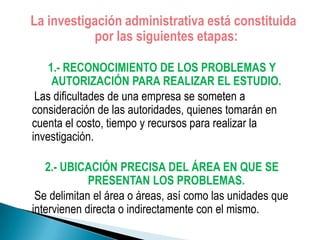 La investigación administrativa está constituida
           por las siguientes etapas:

    1.- RECONOCIMIENTO DE LOS PROBLEMAS Y
     AUTORIZACIÓN PARA REALIZAR EL ESTUDIO.
 Las dificultades de una empresa se someten a
consideración de las autoridades, quienes tomarán en
cuenta el costo, tiempo y recursos para realizar la
investigación.

   2.- UBICACIÓN PRECISA DEL ÁREA EN QUE SE
             PRESENTAN LOS PROBLEMAS.
 Se delimitan el área o áreas, así como las unidades que
intervienen directa o indirectamente con el mismo.
 