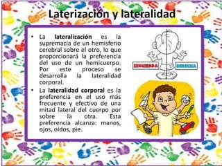 Laterización y lateralidad
• La lateralización es la
supremacía de un hemisferio
cerebral sobre el otro, lo que
proporcion...