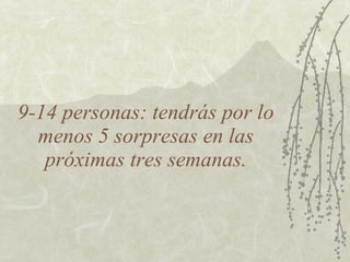 9-14 personas: tendrás por lo menos 5 sorpresas en las próximas tres semanas. 