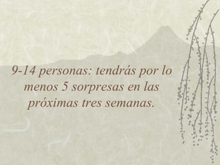 9-14 personas: tendrás por lo
  menos 5 sorpresas en las
   próximas tres semanas.
 