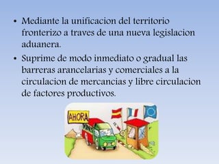 • Mediante la unificacion del territorio
fronterizo a traves de una nueva legislacion
aduanera.
• Suprime de modo inmediato o gradual las
barreras arancelarias y comerciales a la
circulacion de mercancias y libre circulacion
de factores productivos.
 