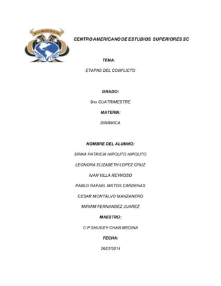 CENTRO AMERICANO DE ESTUDIOS SUPERIORES SC
TEMA:
ETAPAS DEL CONFLICTO
GRADO:
9no CUATRIMESTRE
MATERIA:
DINAMICA
NOMBRE DEL ALUMNO:
ERIKA PATRICIA HIPOLITO HIPOLITO
LEONORA ELIZABETH LOPEZ CRUZ
IVAN VILLA REYNOSO
PABLO RAFAEL MATOS CARDENAS
CESAR MONTALVO MANZANERO
MIRIAM FERNANDEZ JUAREZ
MAESTRO:
C.P SHUGEY CHAN MEDINA
FECHA:
26/07/2014
 