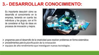 3.- DESARROLLAR CONOCIMIENTO:
Es importante descubrir cómo se
desarrolla el conocimiento en la
empresa, teniendo en cuenta los
individuos y los grupos, con el fin
de considerar el flujo de ideas en
procesos de innovación y mejora.
 programas para el desarrollo de la creatividad para resolver problemas en forma sistemática
 procedimientos para la planificación de la innovación
 equipos de alto rendimiento que investiguen nuevas tecnologías.
 