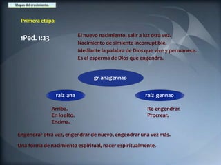 Primera etapa:
1Ped. 1:23 El nuevo nacimiento, salir a luz otra vez.
Nacimiento de simiente incorruptible.
Mediante la palabra de Dios que vive y permanece.
Es el esperma de Dios que engendra.
gr.anagennao
raíz ana raíz gennao
Arriba.
En loalto.
Encima.
Re-engendrar.
Procrear.
Engendrar otra vez, engendrar de nuevo, engendrar una vez más.
Una forma de nacimiento espiritual, nacer espiritualmente.
 